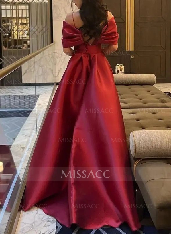 A-Line Off-The-Shoulder Sleeveless Sweep Train Satin Prom Dresses