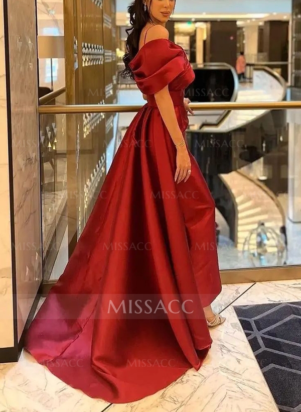 A-Line Off-The-Shoulder Sleeveless Sweep Train Satin Prom Dresses