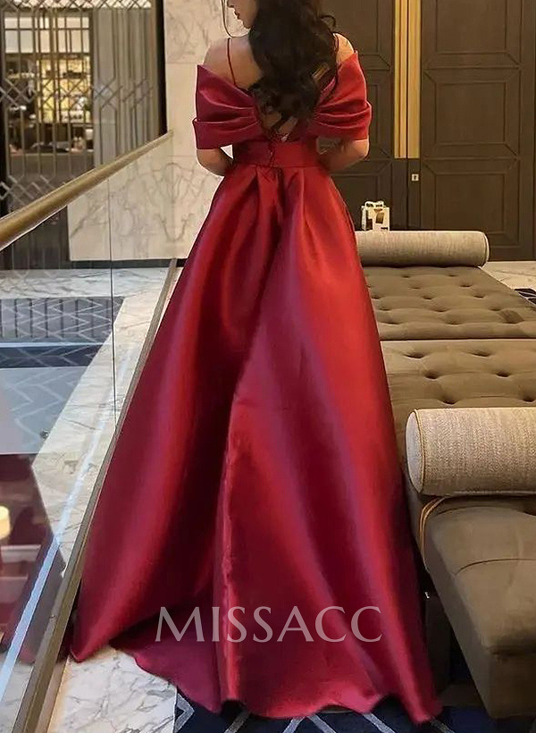 A-Line Off-The-Shoulder Sleeveless Sweep Train Satin Prom Dresses A-Line Off-The-Shoulder Sleeveless Sweep Train Satin Prom Dresses