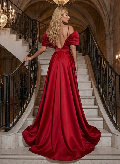 A-Line Off-The-Shoulder Sleeveless Sweep Train Satin Prom Dresses