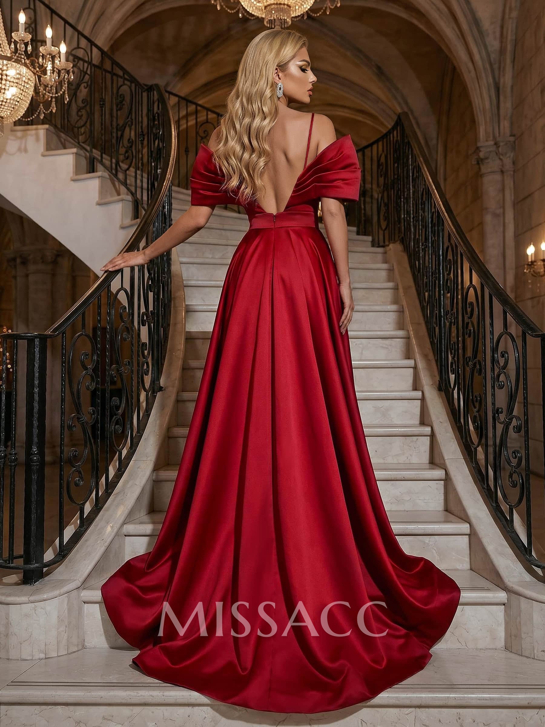 A-Line Off-The-Shoulder Sleeveless Sweep Train Satin Prom Dresses