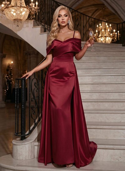 A-Line Off-The-Shoulder Sleeveless Sweep Train Satin Prom Dresses