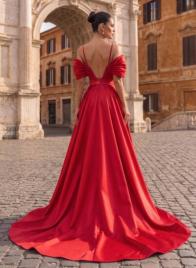 A-Line Bardot Sleeveless Satin Prom Dresses With Sweep Train