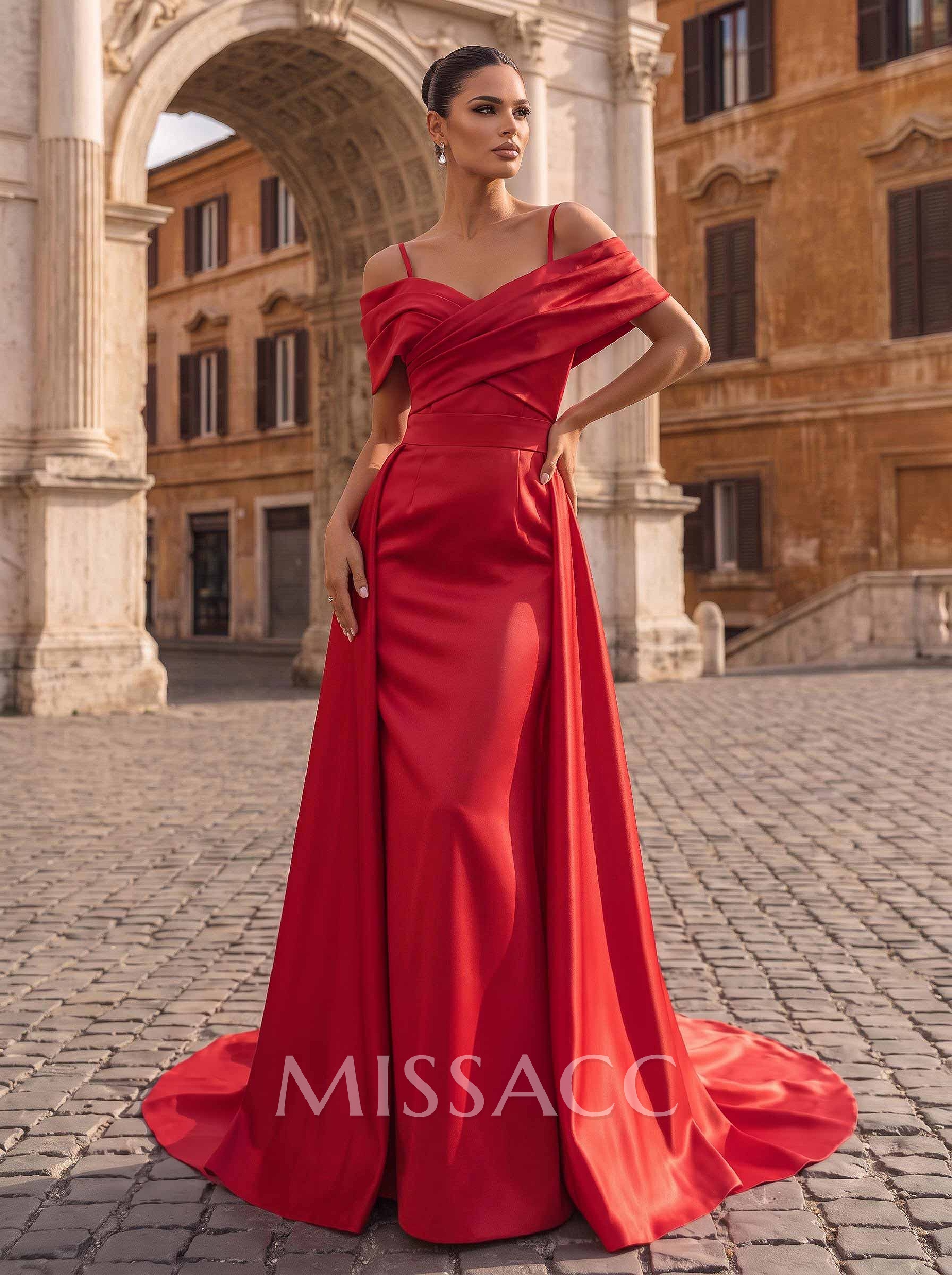 A-Line Off-The-Shoulder Sleeveless Sweep Train Satin Prom Dresses