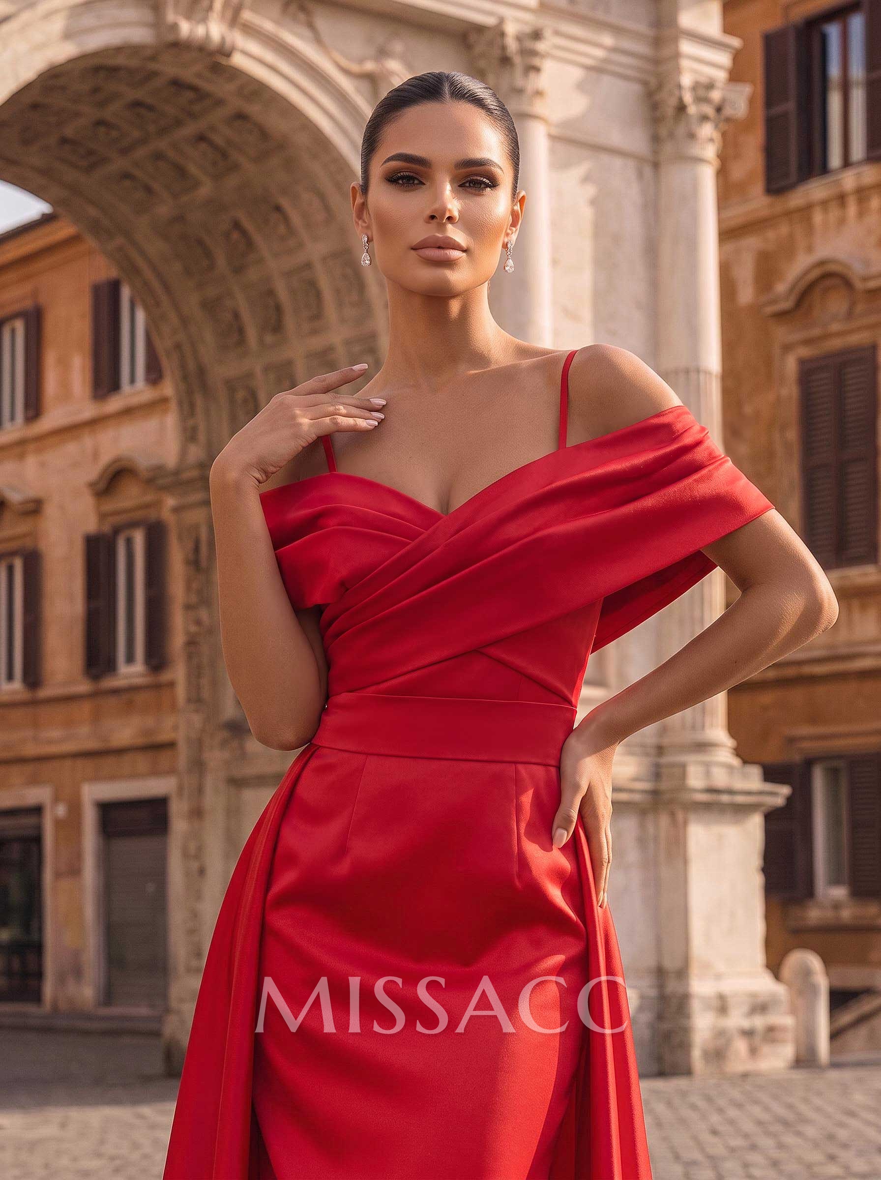 A-Line Off-The-Shoulder Sleeveless Sweep Train Satin Prom Dresses