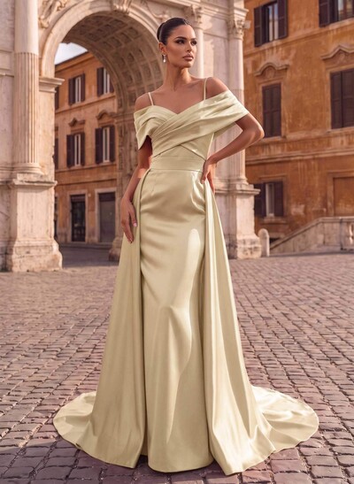 A-Line Off-The-Shoulder Sleeveless Sweep Train Satin Prom Dresses