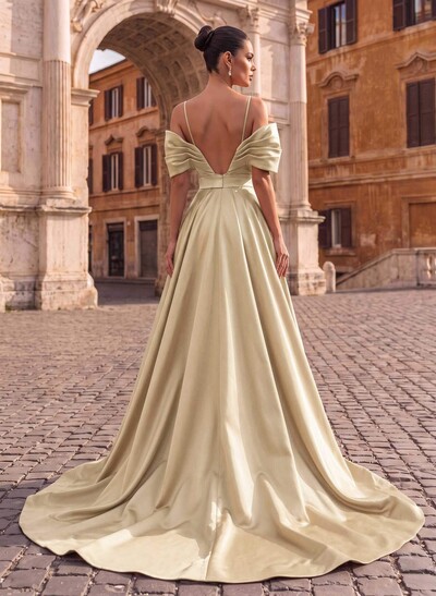 A-Line Off-The-Shoulder Sleeveless Sweep Train Satin Prom Dresses