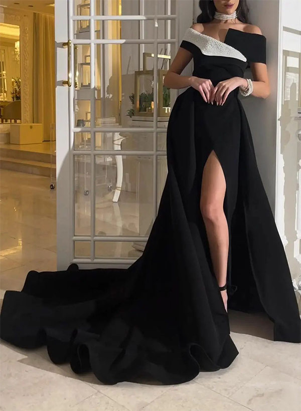 A-Line Off-The-Shoulder Sleeveless Sweep Train Jersey Prom Dresses With Split Front
