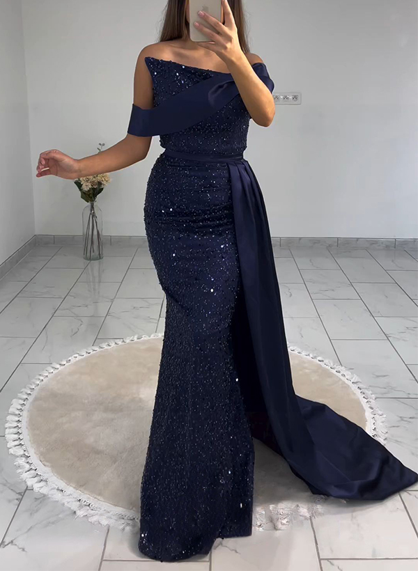 Sheath/Column Off-The-Shoulder Sleeveless Sweep Train Sequined Prom Dresses