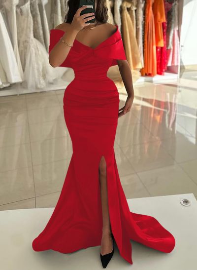 Trumpet/Mermaid Off-The-Shoulder Sweep Train Satin Prom Dresses
