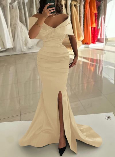 Trumpet/Mermaid Off-The-Shoulder Sweep Train Satin Prom Dresses