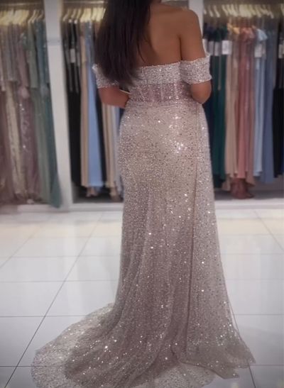 Sheath/Column Off-The-Shoulder Sleeveless Sequined Prom Dresses With Split Front