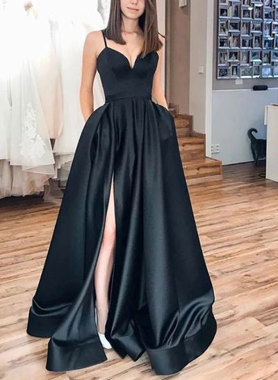 A-Line Sweetheart Sleeveless Satin Prom Dresses With Split Front