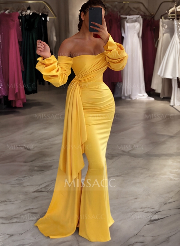 Sheath/Column Off-The-Shoulder Long Sleeves Floor-Length Prom Dresses