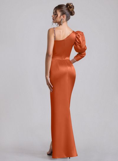 Sheath/Column Asymmetrical Long Sleeves Floor-Length Satin Evening Dresses