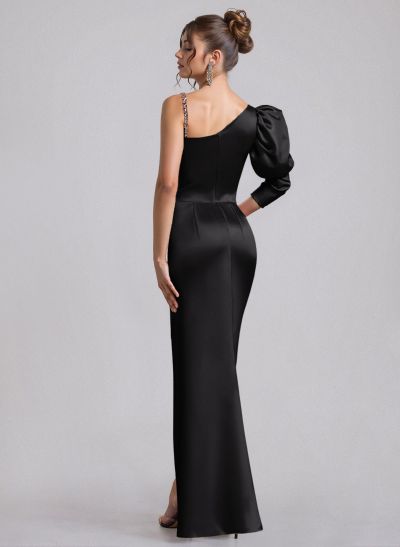 Sheath/Column Asymmetrical Long Sleeves Floor-Length Satin Prom Dresses