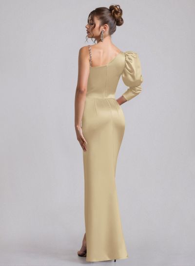 Sheath/Column Asymmetrical Long Sleeves Floor-Length Satin Prom Dresses