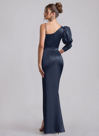 Sheath/Column Asymmetrical Long Sleeves Floor-Length Satin Prom Dresses