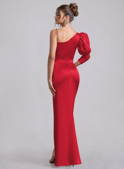 Sheath/Column Asymmetrical Long Sleeves Floor-Length Satin Prom Dresses