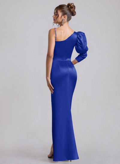 Sheath/Column Asymmetrical Long Sleeves Floor-Length Satin Prom Dresses