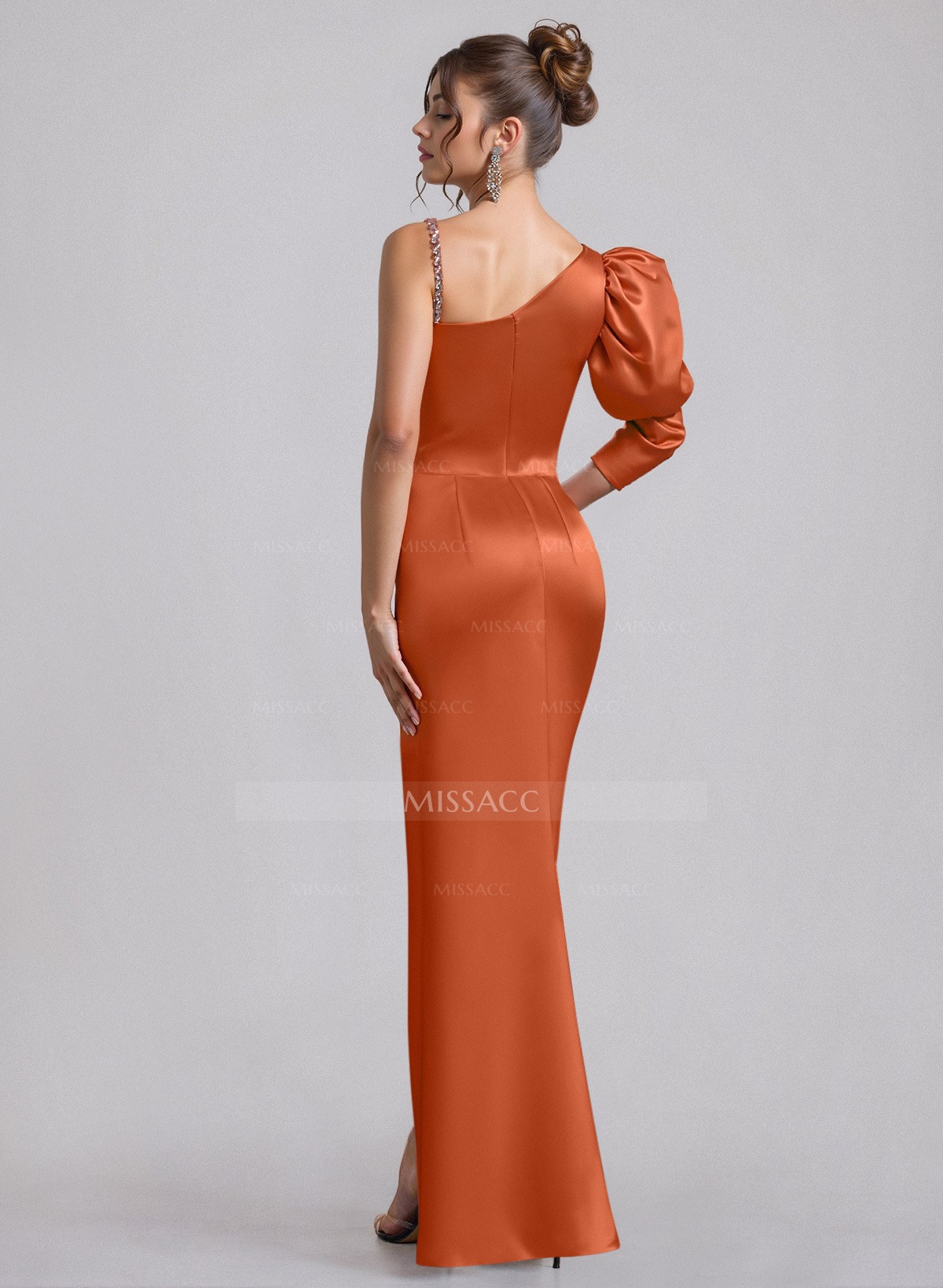 Sheath/Column Asymmetrical Long Sleeves Floor-Length Satin Prom Dresses