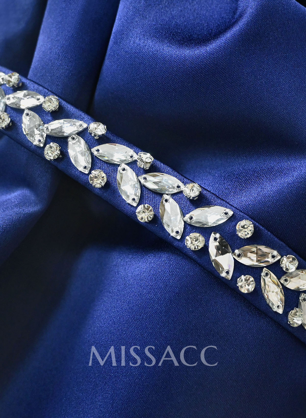 Sheath/Column Asymmetrical Long Sleeves Floor-Length Satin Prom Dresses