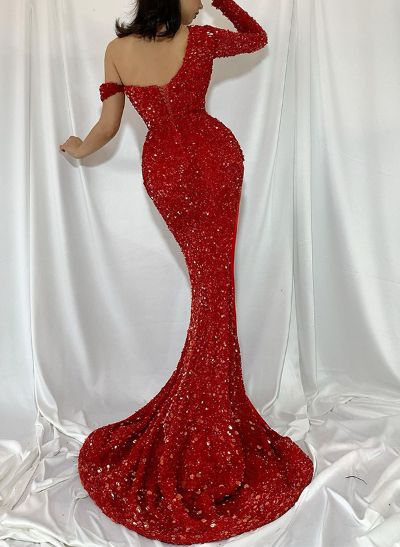 Trumpet/Mermaid One-Shoulder Sequined Prom Dresses With High Split
