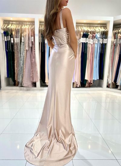 Sheath/Column V-Neck Sleeveless Silk Like Satin Prom Dresses With Split Front