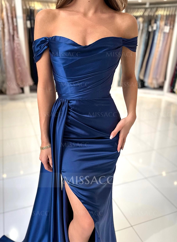 Sheath/Column Off-The-Shoulder Like Satin Prom Dresses With Split Front