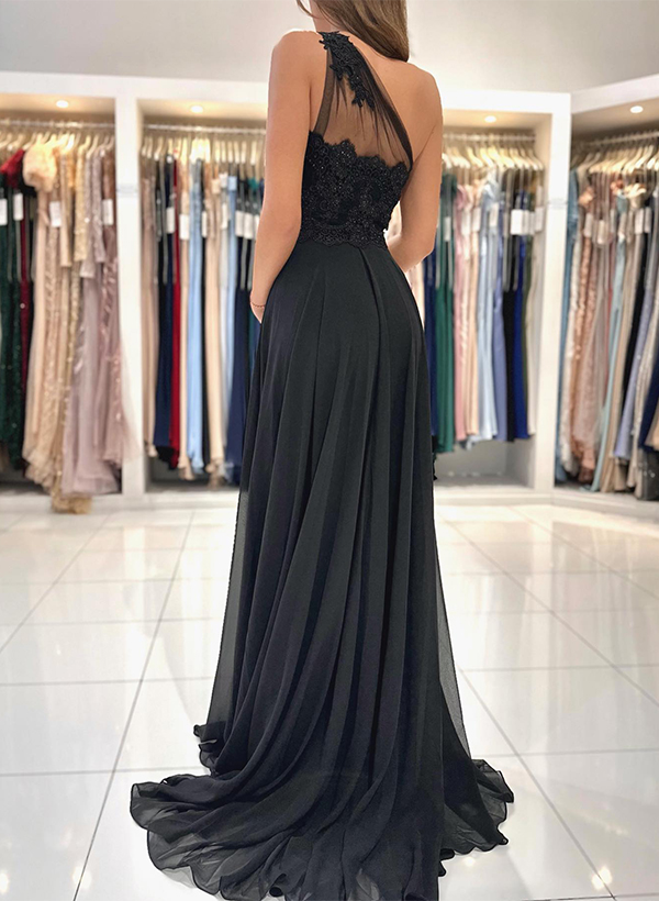 A-Line One-Shoulder Sleeveless Sweep Train Tulle Prom Dresses With Appliques Lace