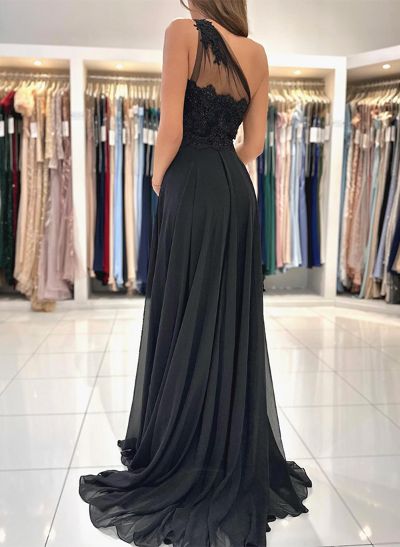 A-Line One-Shoulder Sleeveless Sweep Train Tulle Prom Dresses With Appliques Lace