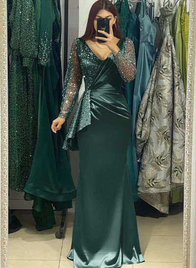 Sheath V-Neck Long Sleeves Sweep Train Sparkly Prom Dresses