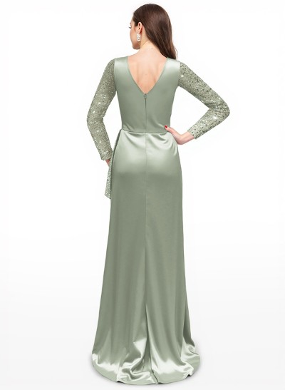 Sheath V-Neck Long Sleeves Sweep Train Sparkly Prom Dresses