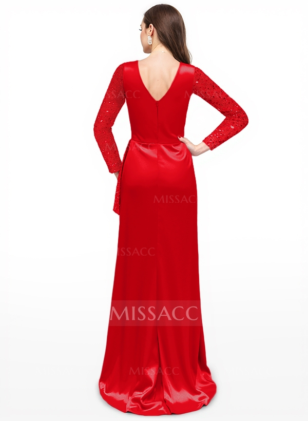 Sheath V-Neck Long Sleeves Sweep Train Sparkly Prom Dresses
