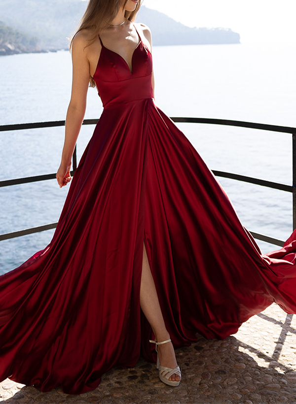 A-Line Sweetheart Sleeveless Silk Like Satin Prom Dresses With Split Front
