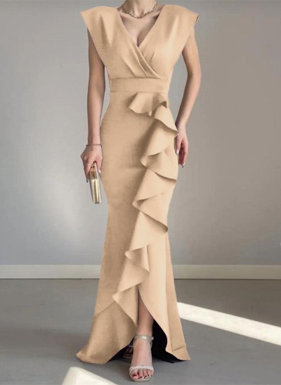 Sheath/Column V-Neck Sleeveless Elastic Satin Prom Dresses With Ruffle