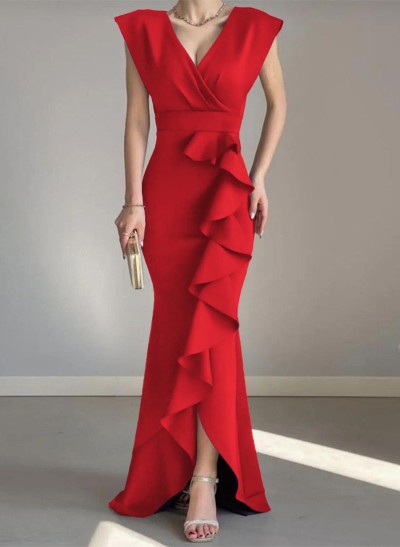 Sheath/Column V-Neck Sleeveless Elastic Satin Prom Dresses With Ruffle