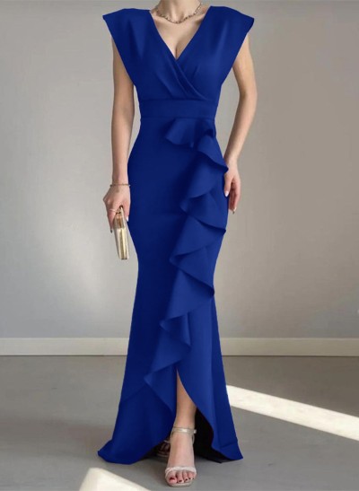 Sheath/Column V-Neck Sleeveless Elastic Satin Prom Dresses With Ruffle