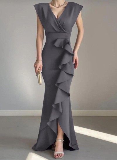 Sheath/Column V-Neck Sleeveless Elastic Satin Prom Dresses With Ruffle