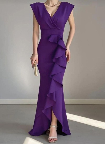 Sheath/Column V-Neck Sleeveless Elastic Satin Prom Dresses With Ruffle