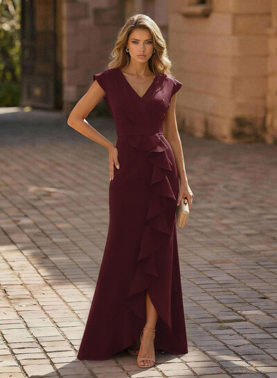 Sheath/Column V-Neck Sleeveless Elastic Satin Prom Dresses With Ruffle
