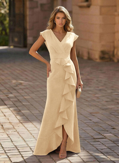 Sheath/Column V-Neck Sleeveless Elastic Satin Prom Dresses With Ruffle