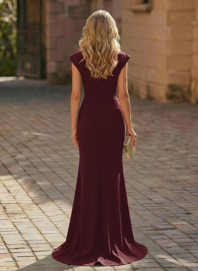 Sheath/Column V-Neck Sleeveless Elastic Satin Prom Dresses With Ruffle