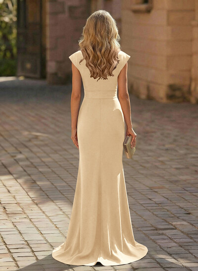 Sheath/Column V-Neck Sleeveless Elastic Satin Prom Dresses With Ruffle