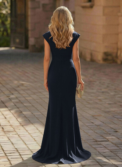 Sheath/Column V-Neck Sleeveless Elastic Satin Prom Dresses With Ruffle