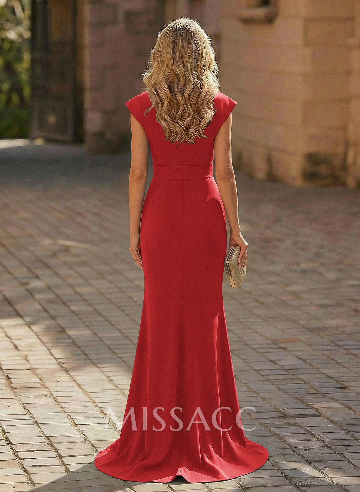 Sheath/Column V-Neck Sleeveless Elastic Satin Prom Dresses With Ruffle