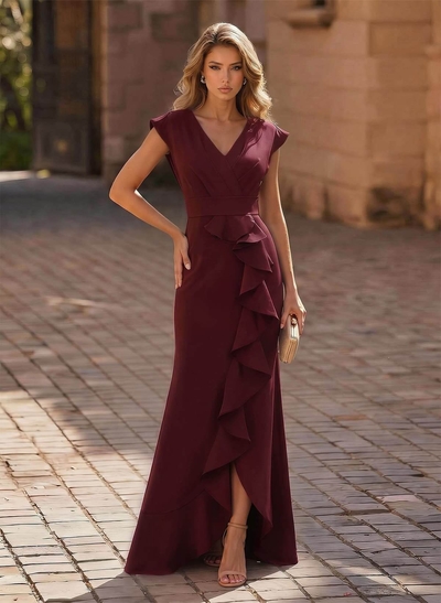 Sheath/Column V-Neck Sleeveless Elastic Satin Prom Dresses With Ruffle