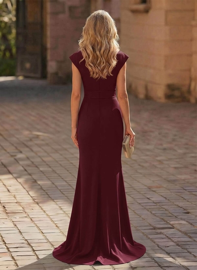 Sheath/Column V-Neck Sleeveless Elastic Satin Prom Dresses With Ruffle