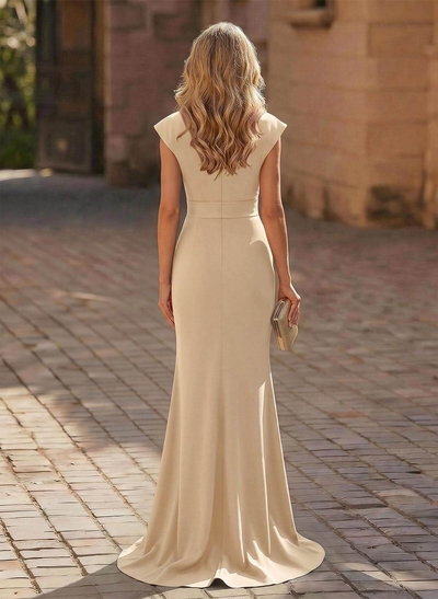 Sheath/Column V-Neck Sleeveless Elastic Satin Prom Dresses With Ruffle