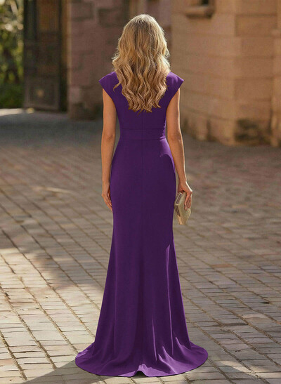 Sheath/Column V-Neck Sleeveless Elastic Satin Prom Dresses With Ruffle